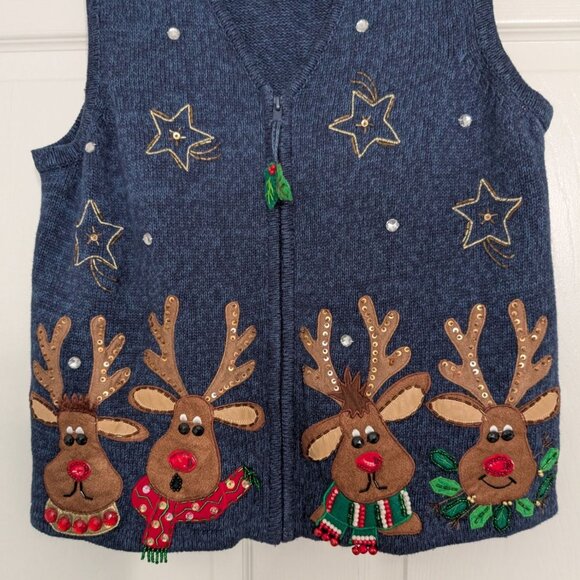 Tiara International Reindeer Embellished Sweater Vest Womens Size Large Blue Zip - Picture 3 of 11